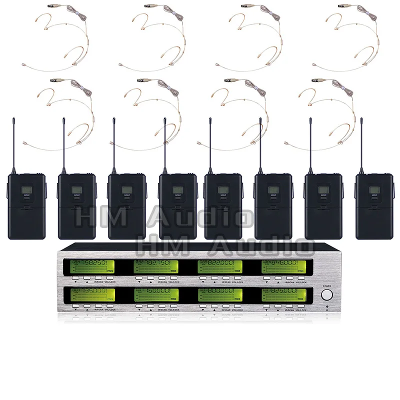 구매 새로운 고품질 전문 AWT800 8 채널 핸드 헬드 무선 마이크 전문 Lavalier 클립 마이크 헤드셋