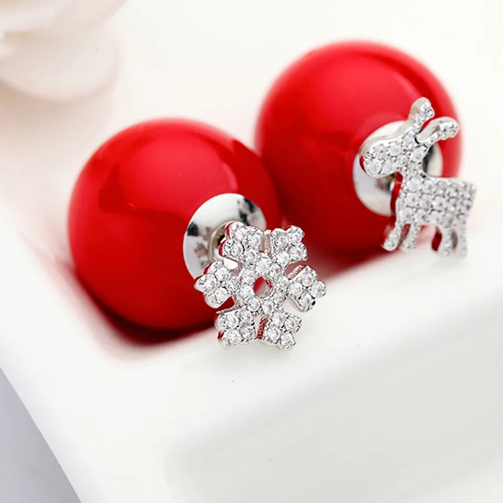 LUOTEEMI New Jewelry Snowflake and Stud Earrings Tiny Shining CZ Crystal Red Imitation Pearl Double Side Brincos Christmas Gift|stud earrings|stud