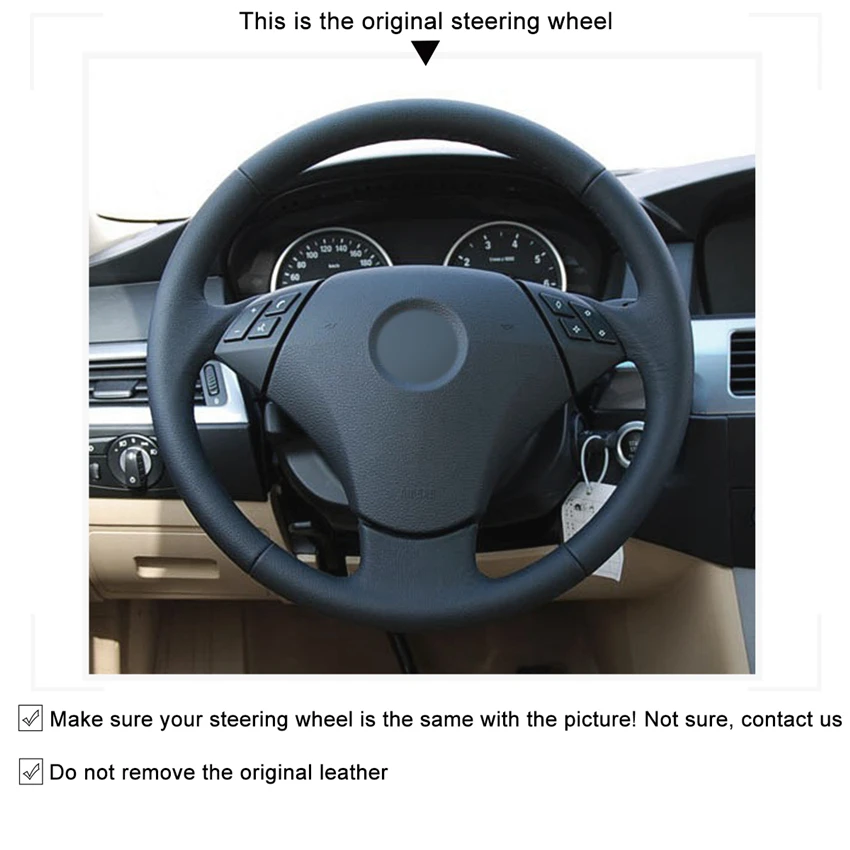 

MEWANT Black Genuine Leather Car Steering Wheel Cover for BMW E60 (Sedan) 530d 2003-2009 E61 (Touring) 2004-2009