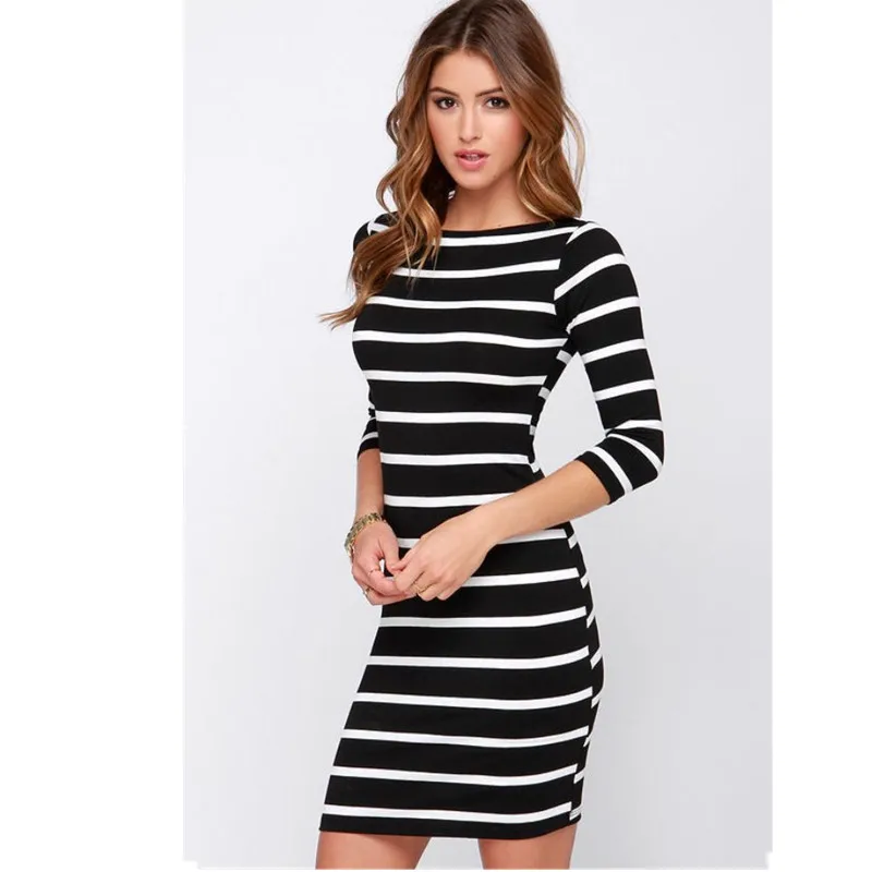2017 Новая Коллекция Весна Лето Женщины Dress Шею Мода Черный и Белый Полосатый С
