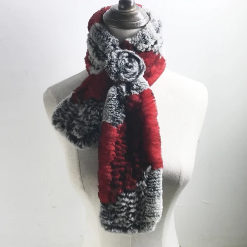 grey and red Женский настоящий шарф из меха кролика рекс мех кролика Рекс червячный и мягкий шейный платок модный кроличий мех шарфы оптом и в розницу - Цвет: grey and red