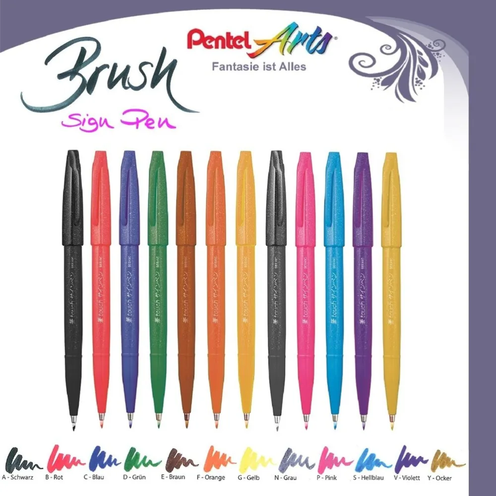 Pentel fude сенсорные ручки с кончиком кисти 6/12 разных цветов в мешочке для