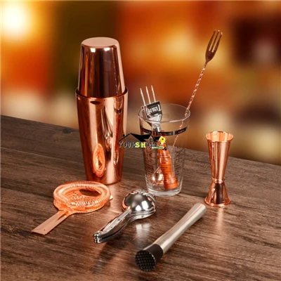 Copper Set Шейкер бар набор шейкер барная посуда набор-8 шт. Бармен Комплект включает шейкер, джиггер, ситечко, мусор, соковыжималка и ложка - Цвет: Copper Set