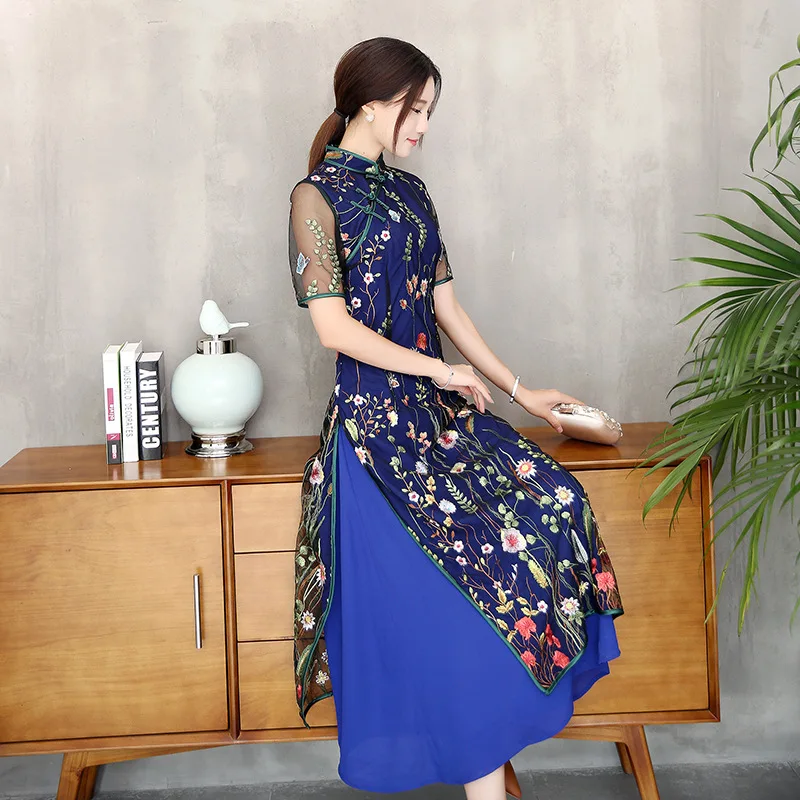 Кружева Урожай вышитые длинные cheongsam Восточный стиль платья элегантные женские