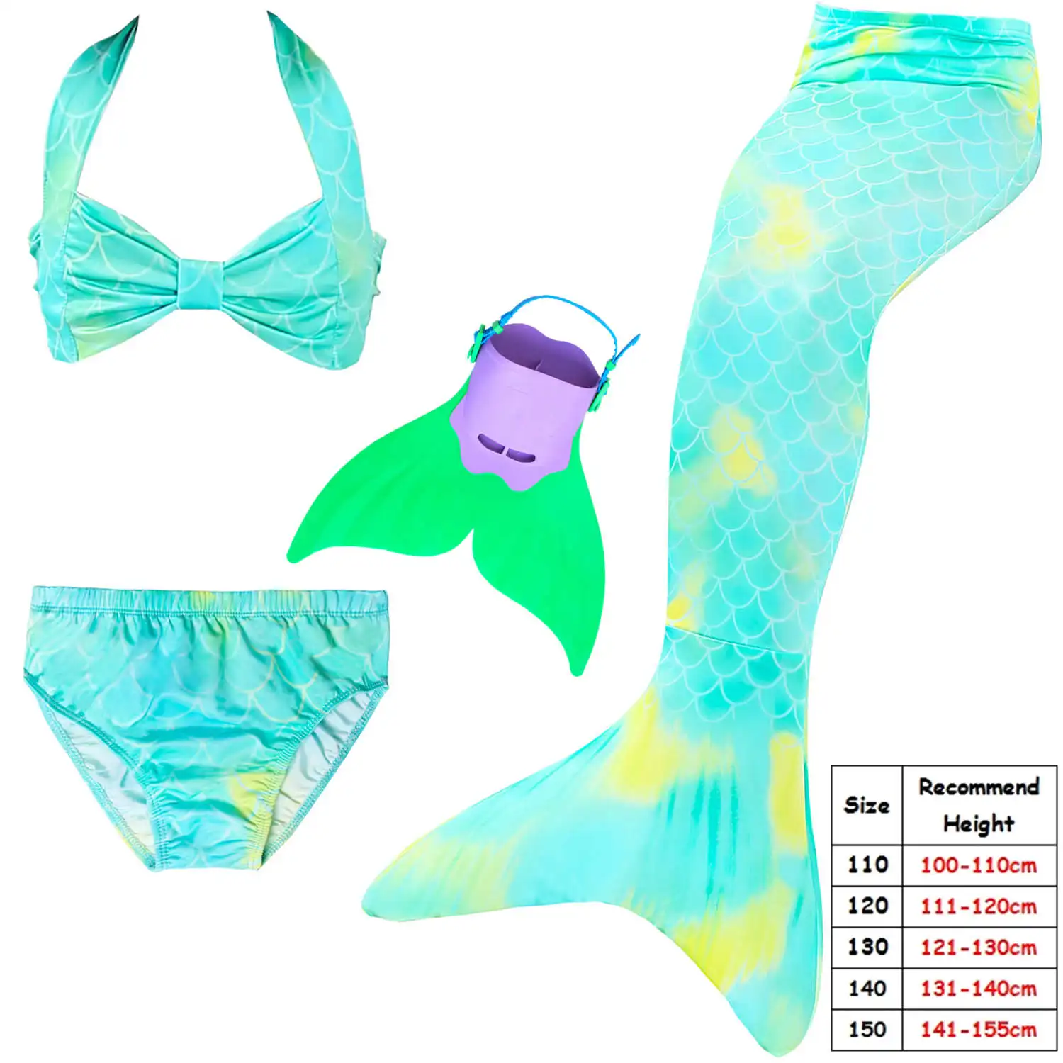 4pcs With Monofin Лидер продаж, детский купальный костюм для девочек с хвостом русалки, купальный костюм бикини, купальный костюм, платье для девочек С флиппером, монокини для плавания - Цвет: 4pcs With Monofin