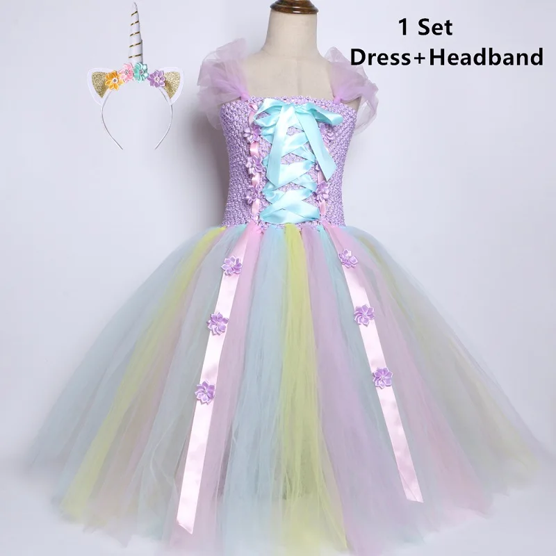 Dress and Headband Лавандовое Пастельное Цветочное платье-пачка с единорогом; платье-пачка длиной до щиколотки для девочек на День рождения; платье принцессы для девочек; Детский костюм на Рождество и Хэллоуин - Цвет: Dress and Headband