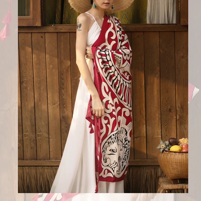 OMIKRON Новый женский летний богемный этнический красный принт кисточки шаль шарф