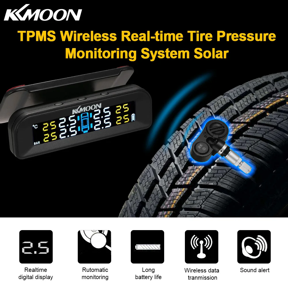 

Беспроводная система контроля давления в шинах KKmoon TPMS в реальном времени, солнечная энергия с четким ЖК-дисплеем, 4 внутренних датчика, сигн...