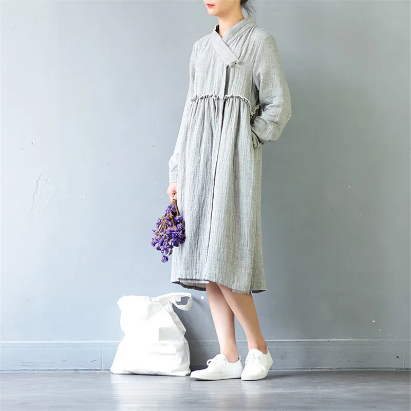 Женское винтажное платье SCUWLINEN повседневное хлопковое с длинным рукавом и