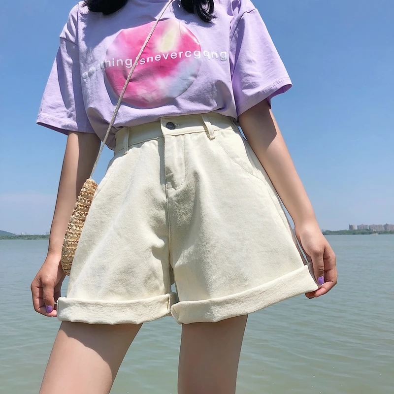 Летние ulzzang Harajuku женские корейские свободные широкие модные сексуальные однотонные шорты для отдыха