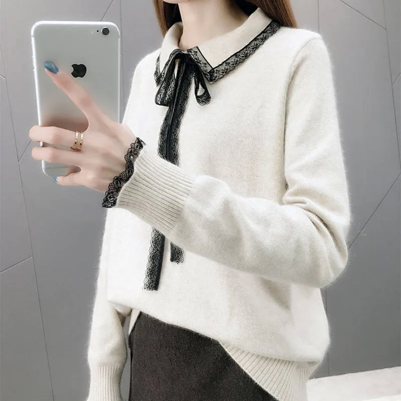 Beige VANGULL новые женские вязаные свитера весна осень короткие Лоскутные кружевные пуловеры с бантом под шею с длинным рукавом свитера - Color: Beige