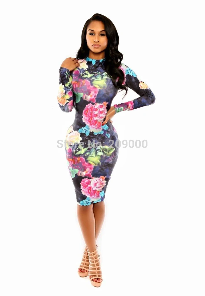 Hot-selling New Fashion Style Colorful Flower Print Bandage Dress knee-length Full Sleeve O-neck | Женская одежда