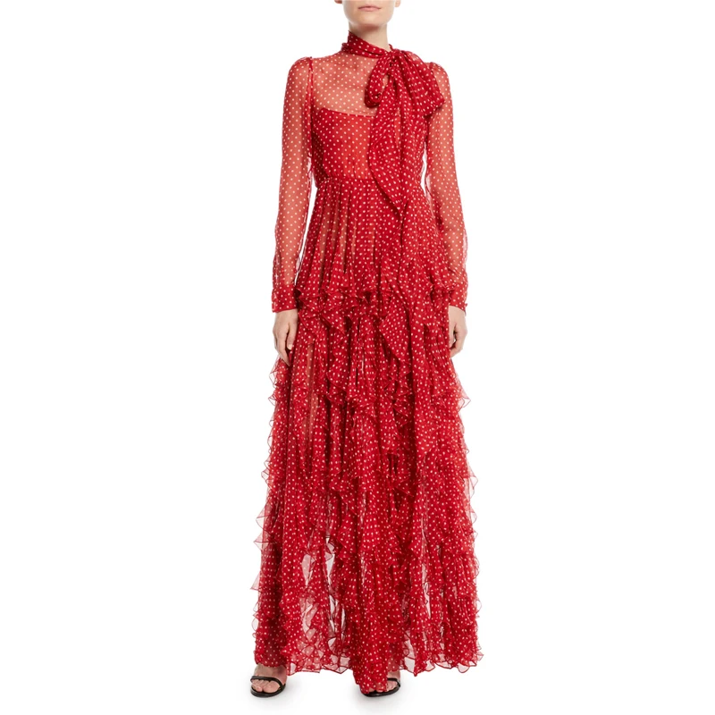 

Женское шифоновое плиссированное платье макси, модельное дизайнерское красное платье в горошек с оборками и бантом на шее, весна-осень 2021