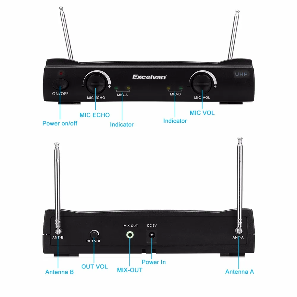 Excelvan K380 Wireless Handheld Condenser Microphone Dual 2 Channel UHF Recording For Karaoke Conference Home Use | Электроника