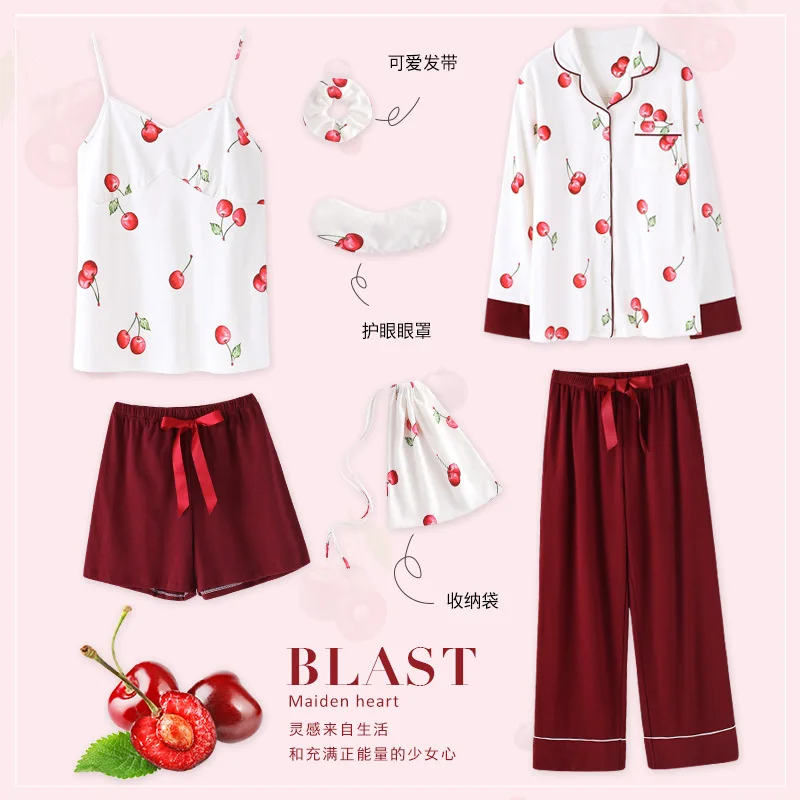 white Women new cotton cute eye mask lady spring and summer thin style home wear print long sleeve seven piece pajama sets - Цвет: white