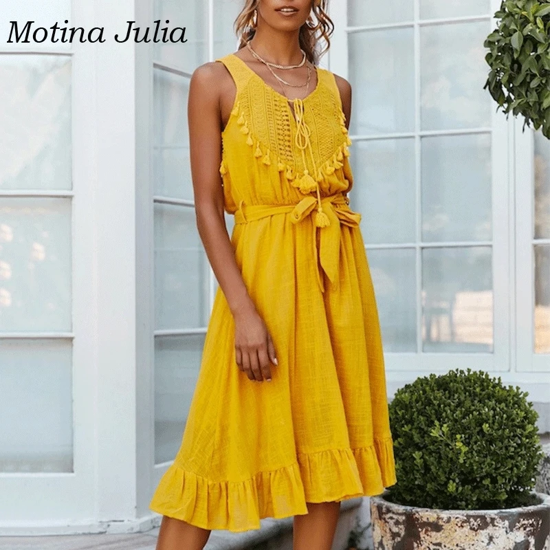 Motina Julia 2019 летнее пляжное платье миди в стиле бохо женское с кисточками и большим