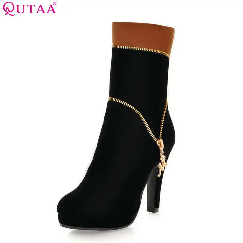 Женские сапоги до середины икры QUTAA черные с круглым носком на высоком квадратном