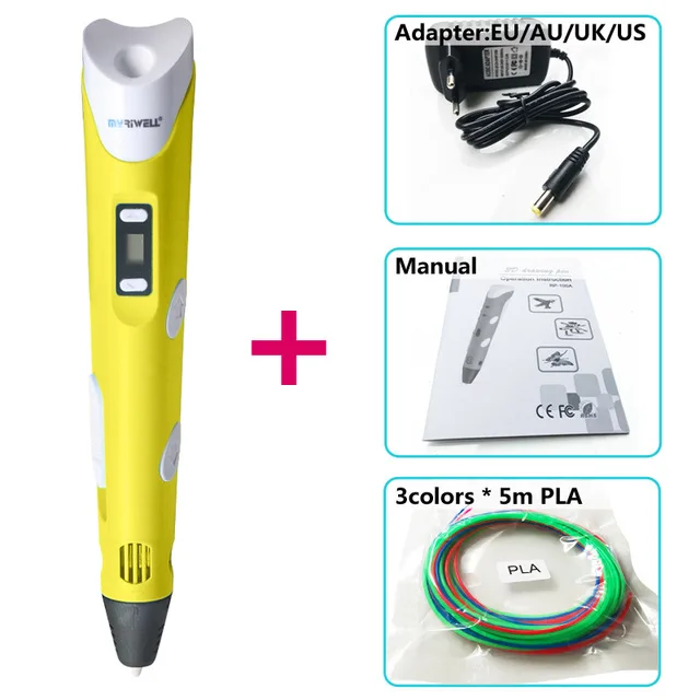 Myriwell 3D Ручка 3 D Ручка 3d и 1,75 мм ABS/PLA 3d ручки для рисования+ нить+ 3d Ручка подставка+ 20 шт шаблон Рождественский подарок - Цвет: only pen Yellow