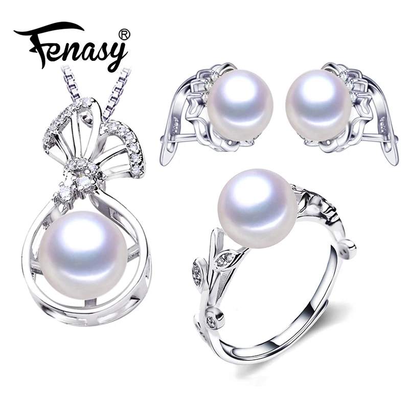 FENASY 925 пробы серебряные серьги-гвоздики натуральный жемчуг ювелирные наборы подвески ожерелья для женщин жемчужные серьги Регулируемые кольца
