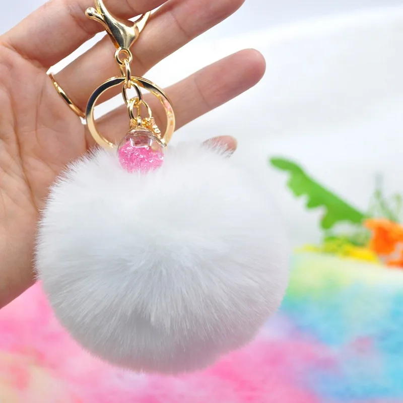 

New Cute Girl Fluffy Fur Ball Pompom Unicorn Keychain Women Rabbit Fur Ball Key Chain With Ctystal Ball Charm Jewelry Party Gift