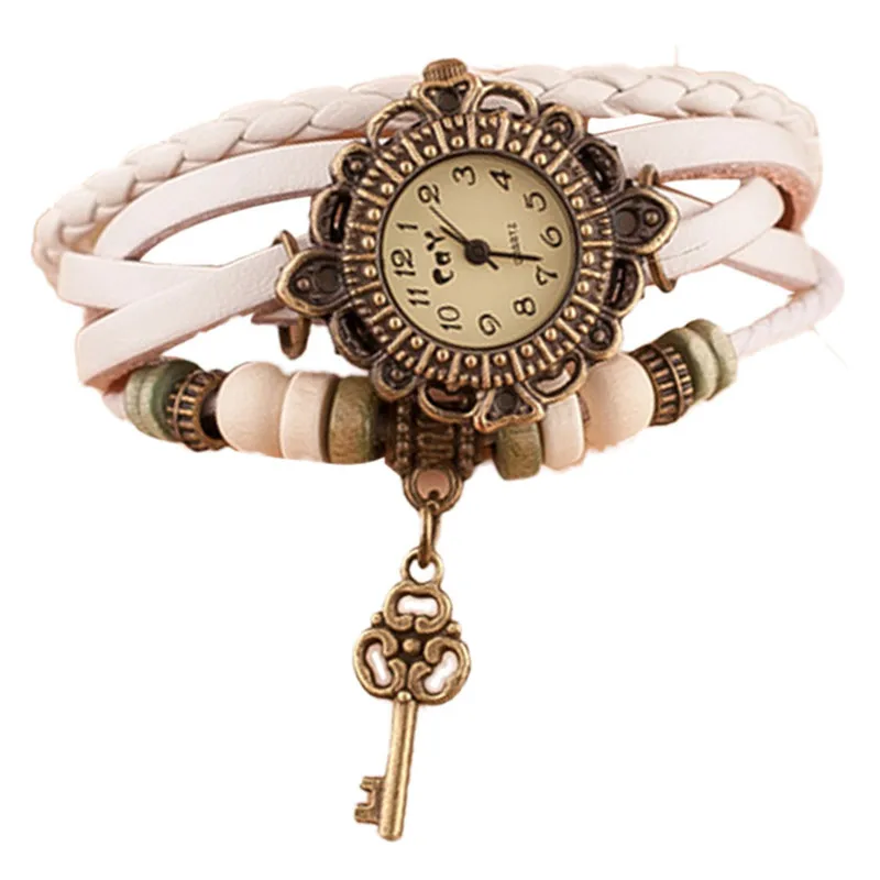 

Fashion Leather Bracelet Watch Women Casual Dress Vintage Leaf Beads Wristwatch Luxury Quartz women Watch relogio feminino #C