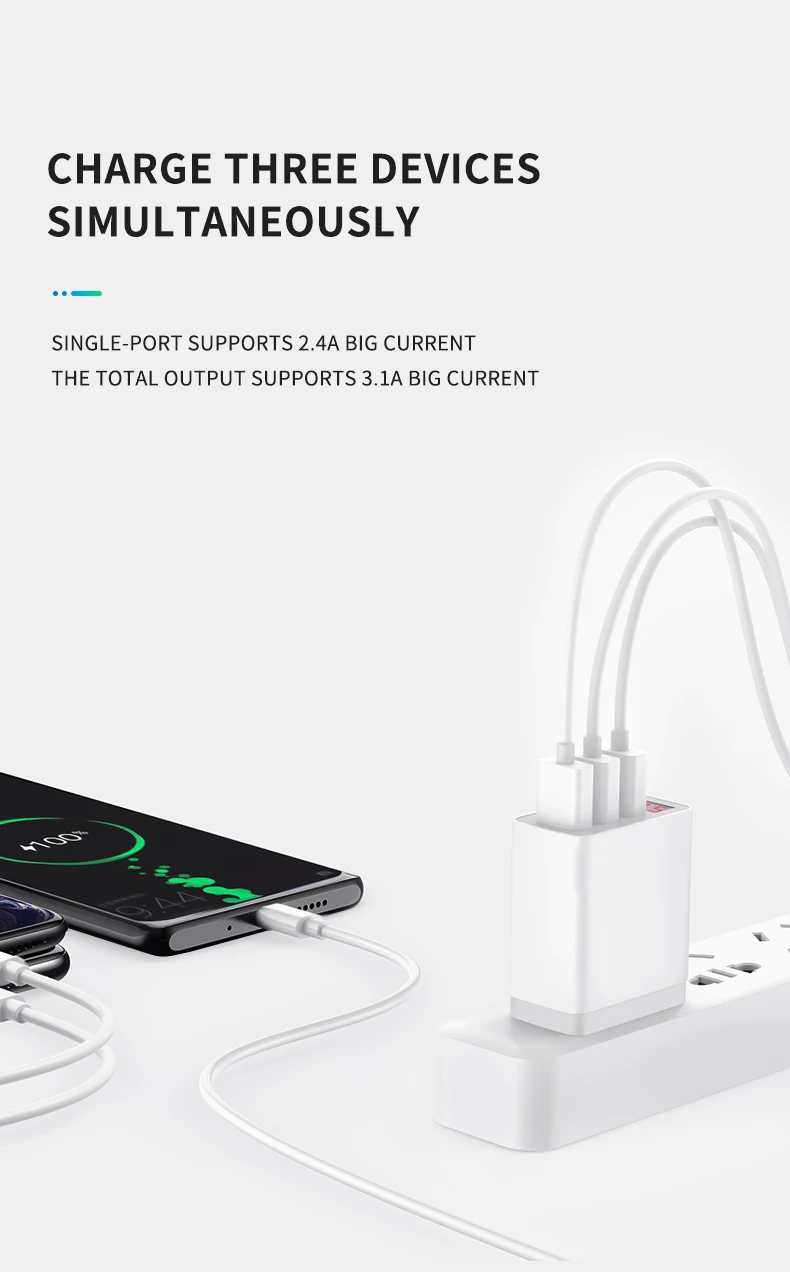 ROCK 3 Port USB Phone Charger LED Display EU Plug Total Max 3.4A Smart Fast Charger Mobile Wall Charger for iPhone iPad Samsung