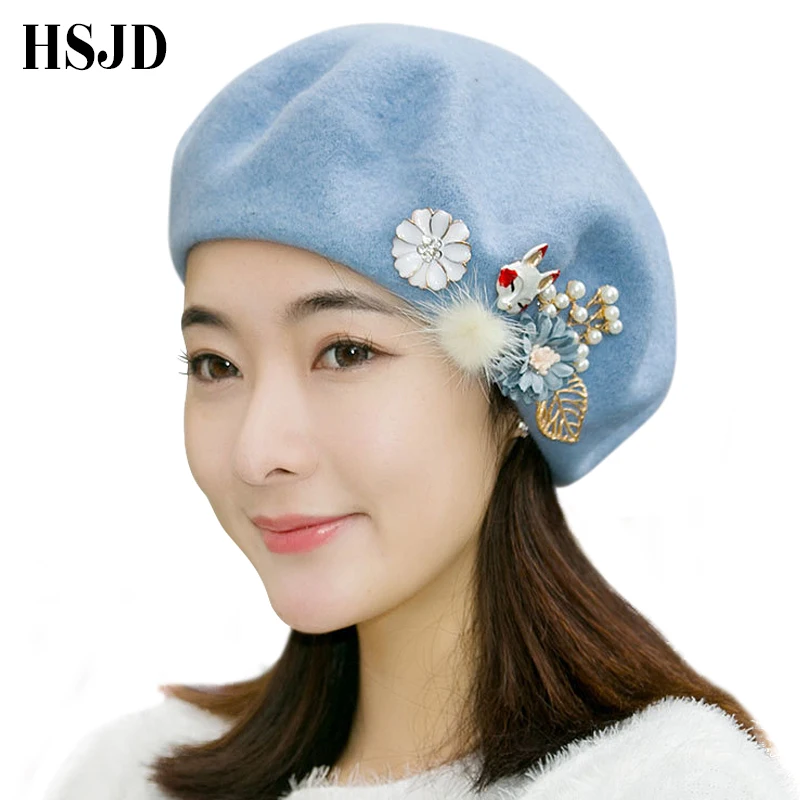 2017 New Brand Womens Winter Hat Handmade Beret Hat Female Girls Pearl Flower Fur Ball Wool Caps Women Hats Blue Pink Cute Cap