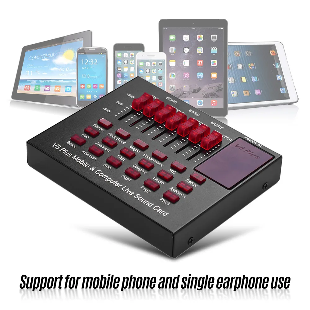 

Multifunctional Sound Card Rechargeable Live Sound Card USB Audio Interface with Multiple Sound Effects BT Connection for Live