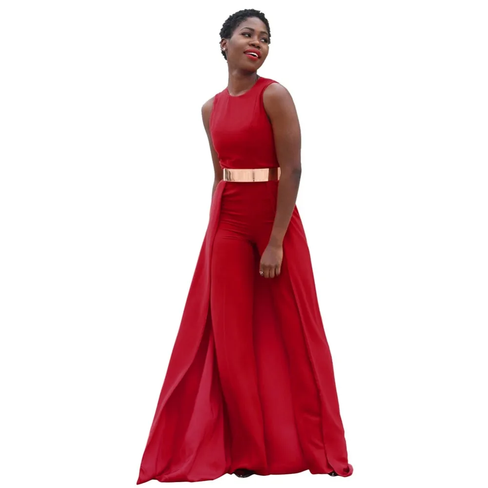 Красный плащ широкий комбинезон для женщин без рукавов с круглым вырезом на