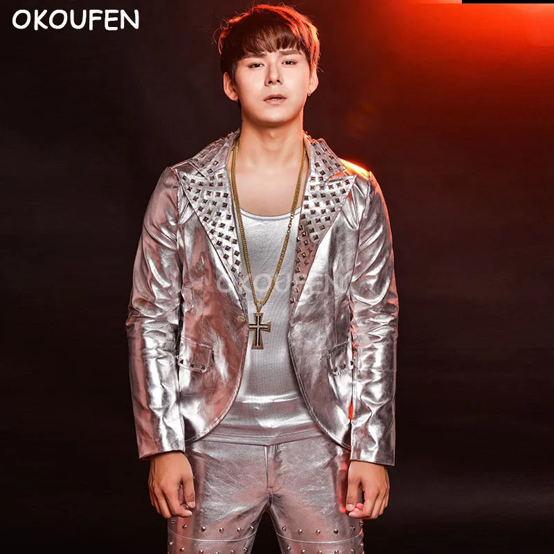 Men Fashion Rivets Silver Motorcycle Leather Jacket Stage Show Pants Dance nightclub singer DJ Korean style performance set |