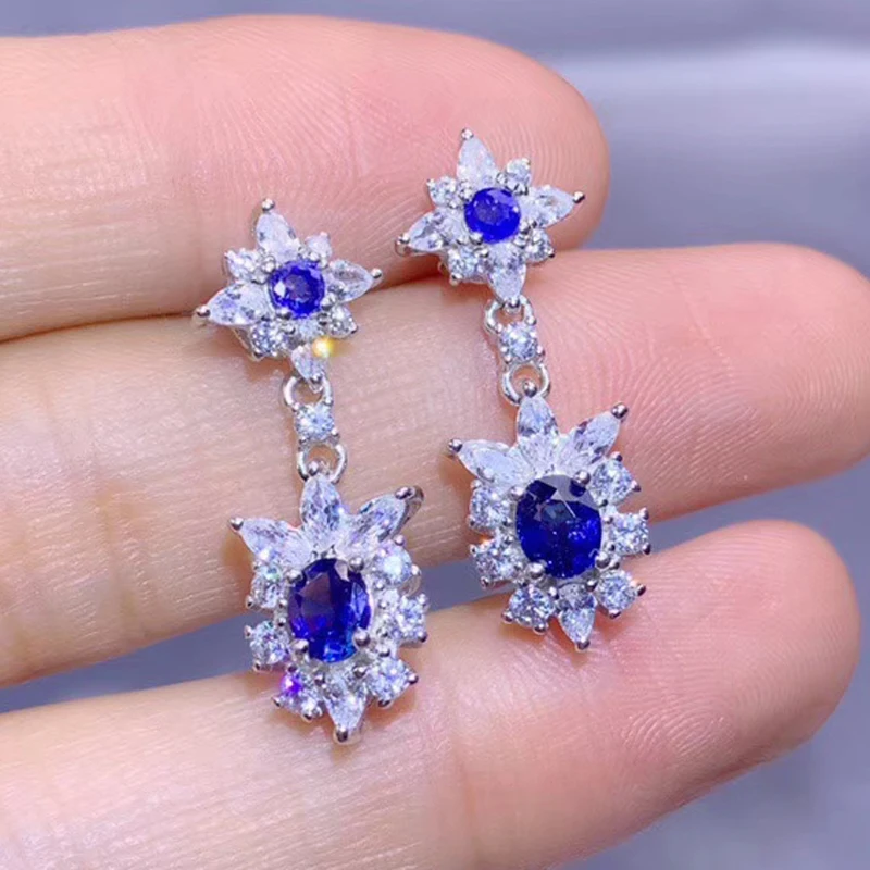 Серьги-подвески из серебра 925 пробы с натуральным сапфиром 4 шт. | Украшения и