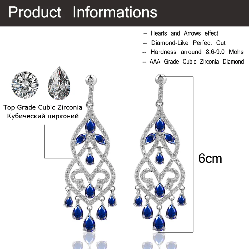 CWWZircons, Европейский синий Фианит, кристалл, кисточка, висячие серьги, длинная люстра, серьги для свадьбы, выпускного, ювелирные изделия для женщин, CZ116
