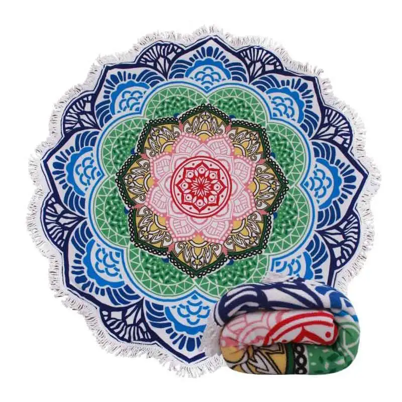 Женское пляжное полотенце с рисунком мандалы голубое из микрофибры 150 см лето 2019|