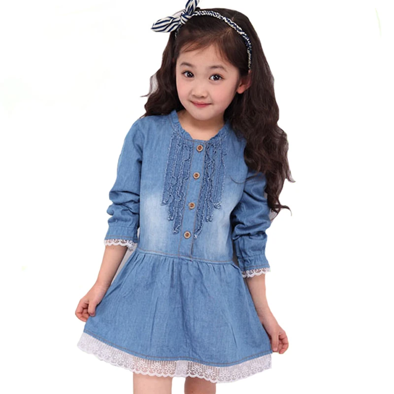 

SOSOCOER Girls Dresses Spring Autumn Fashion Long Sleeve Girl Denim Dress High Quality Brand Lace Kids Dress Children Costume
