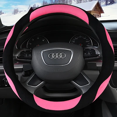 DERMAY Fur Car Steering Wheel Covers Winter Warm Plush Steering Wheel Cover Interior Accessories - Название цвета: Розовый