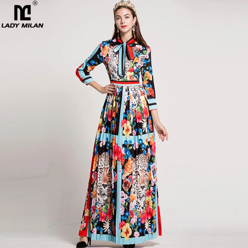 Женское плиссированное платье макси с длинным рукавом круглым вырезом и