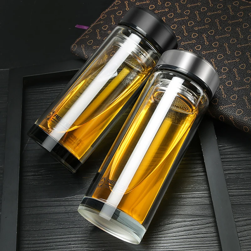 320ml 280ml Business Type Water Bottle Glass Bottle With Stainless Steel Tea Infuser Filter Double Wall Glass Sport Water Tumble