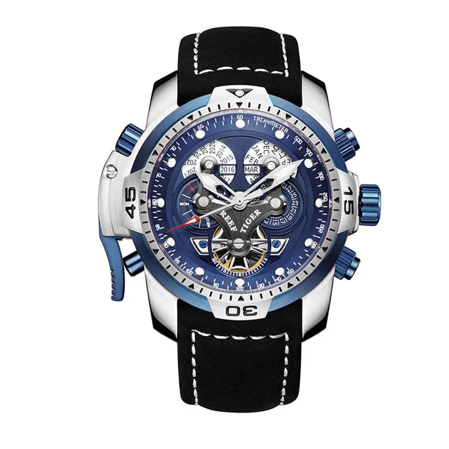 Reef Tiger Aurora Serier RGA3503 мужские спортивные военные многофункциональные автоматические механические наручные часы с циферблатом-кожаный ремешок для часов