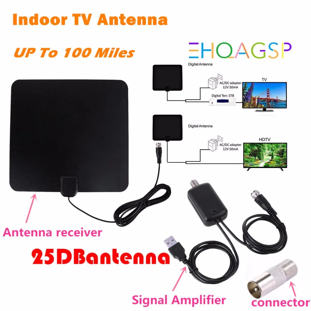 100 миль цифровой HD ТВ indoor антенну с усилитель сигнала Фокс Antena Бесплатная Aerial DVB T2/