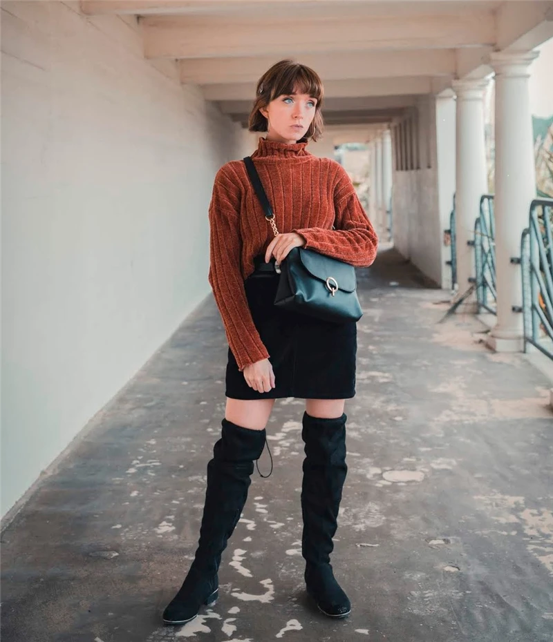Dotfashion кофейный укороченный свитер с высокой горловиной Женский Повседневный простой Осенняя приталенная одежда с длинным рукавом Женский Пуловер Джемпер