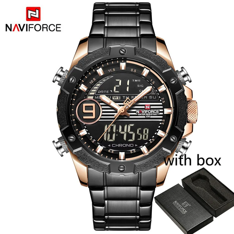 NA9146S03 with box NAVIFORCE часы Мужские лучший бренд класса люкс цифровые аналоговые спортивные наручные часы военные из нержавеющей стали мужские часы Relogio Masculino 9146 - Цвет: NA9146S03 with box