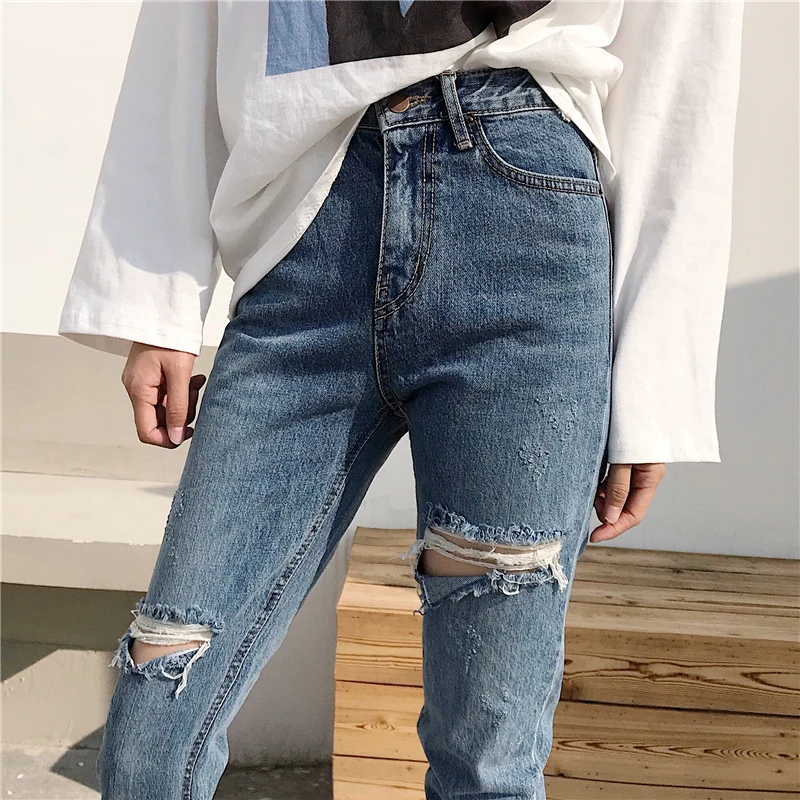 KYMAKUTU S-L Hole Jeans Women Denim Pencil Pants Natural Waist 2018 Summer New Casual All-match Female Pantalones Vaqueros Mujer |