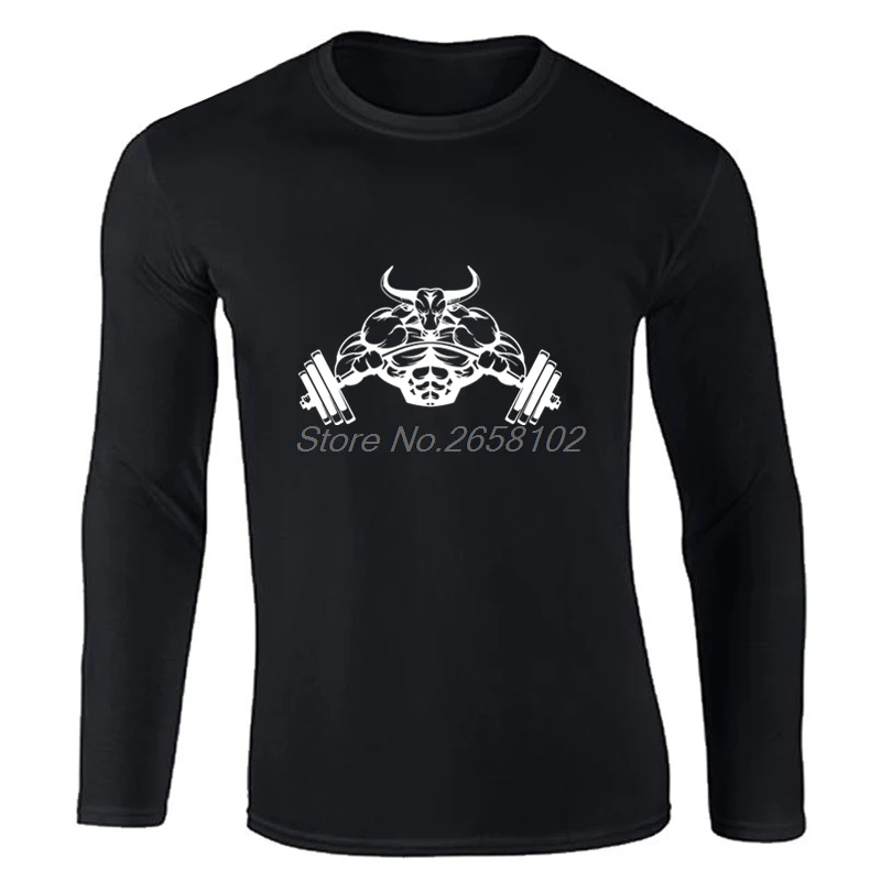 Осенняя забавная футболка для фитнеса Barbell Bull модная Мужская хлопковая с длинным
