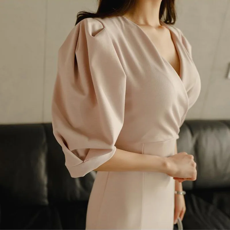 BGTEEVER Vintage Puff-sleeve V-neck Long Women Dress Elegant Slim Waist Female Mermaid 2021 Party Trumpet vestidos femme | Женская