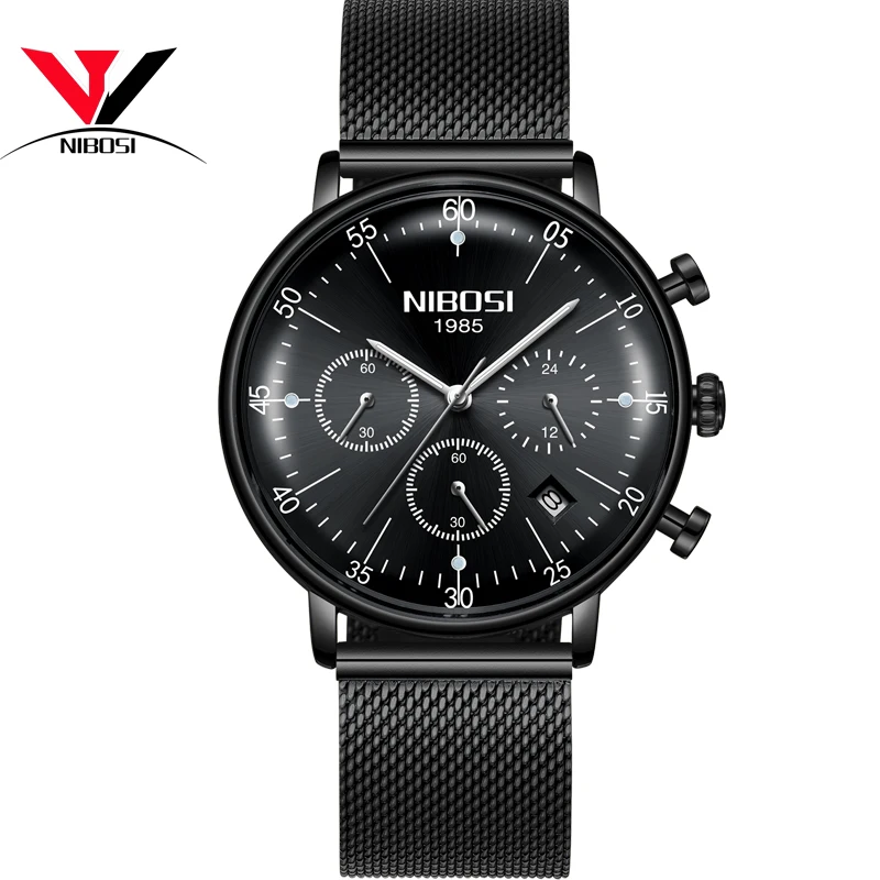 IBOSI Топ люксовый бренд кварцевые часы мужские черные повседневные из нержавеющей
