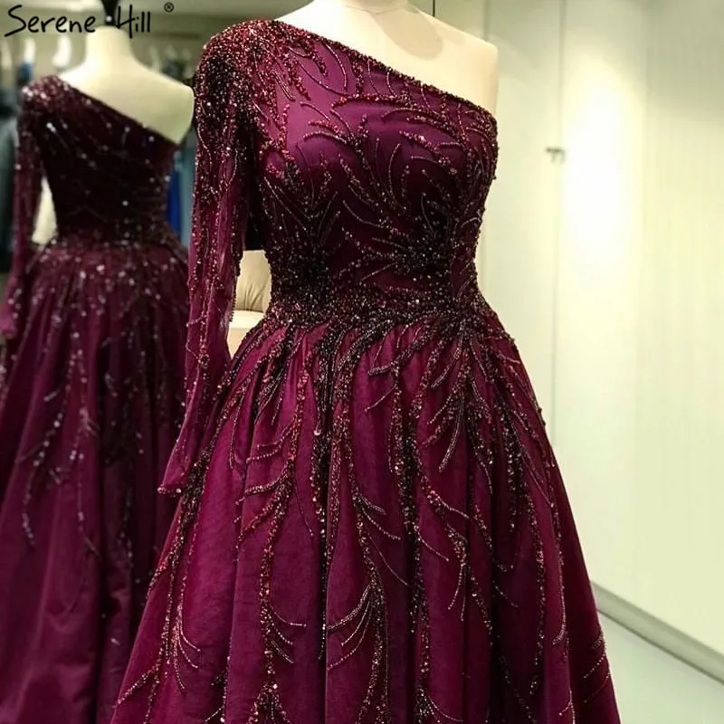 wine red Вечерние платья трапециевидной формы в дубайском стиле бордового цвета с одним плечом, сексуальные роскошные вечерние платья Serene Хилл LA60988 - Цвет: wine red