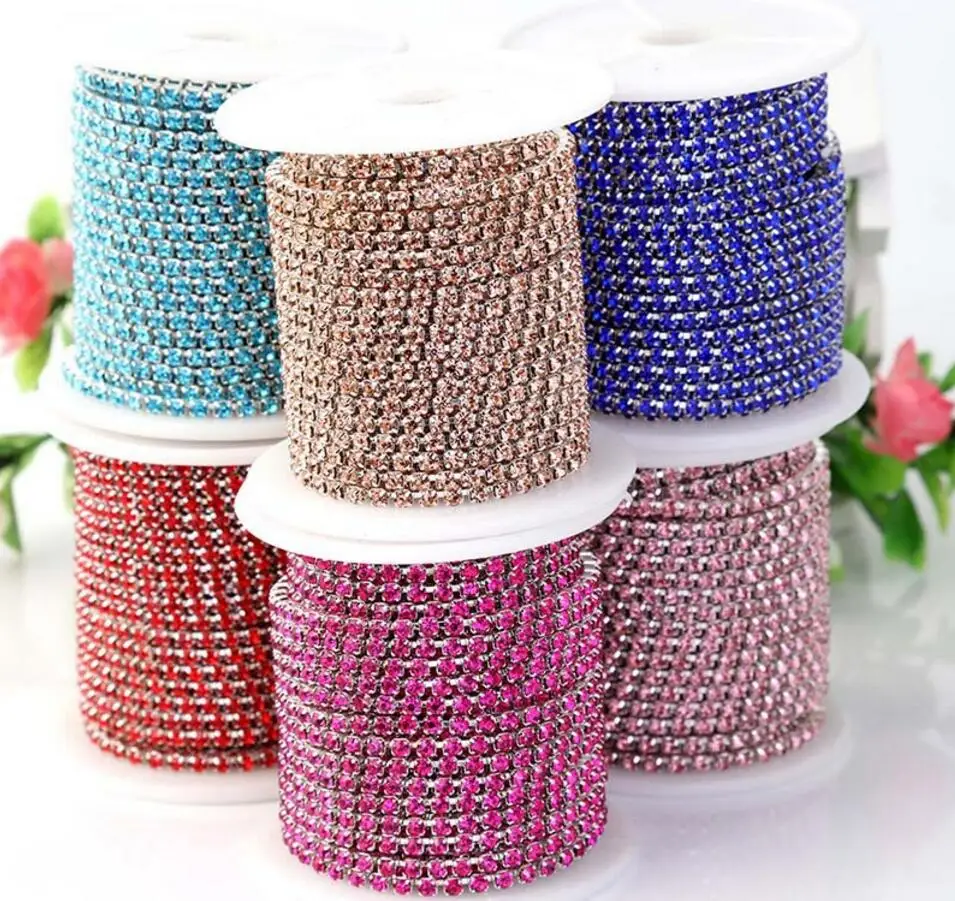 

10 Meters SS6 2mm Diamond Crystals Rhinestones Silver Plated Setting Chain Trim For Sewing Bags Shoes Headband Craft
