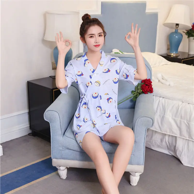 xiaowanzi blue Foply, Женский пижамный комплект, кимоно с рисунком фруктов и цветов, пижама для девочек, Повседневная рубашка с коротким рукавом и шорты, одежда для сна, пижама - Цвет: xiaowanzi blue