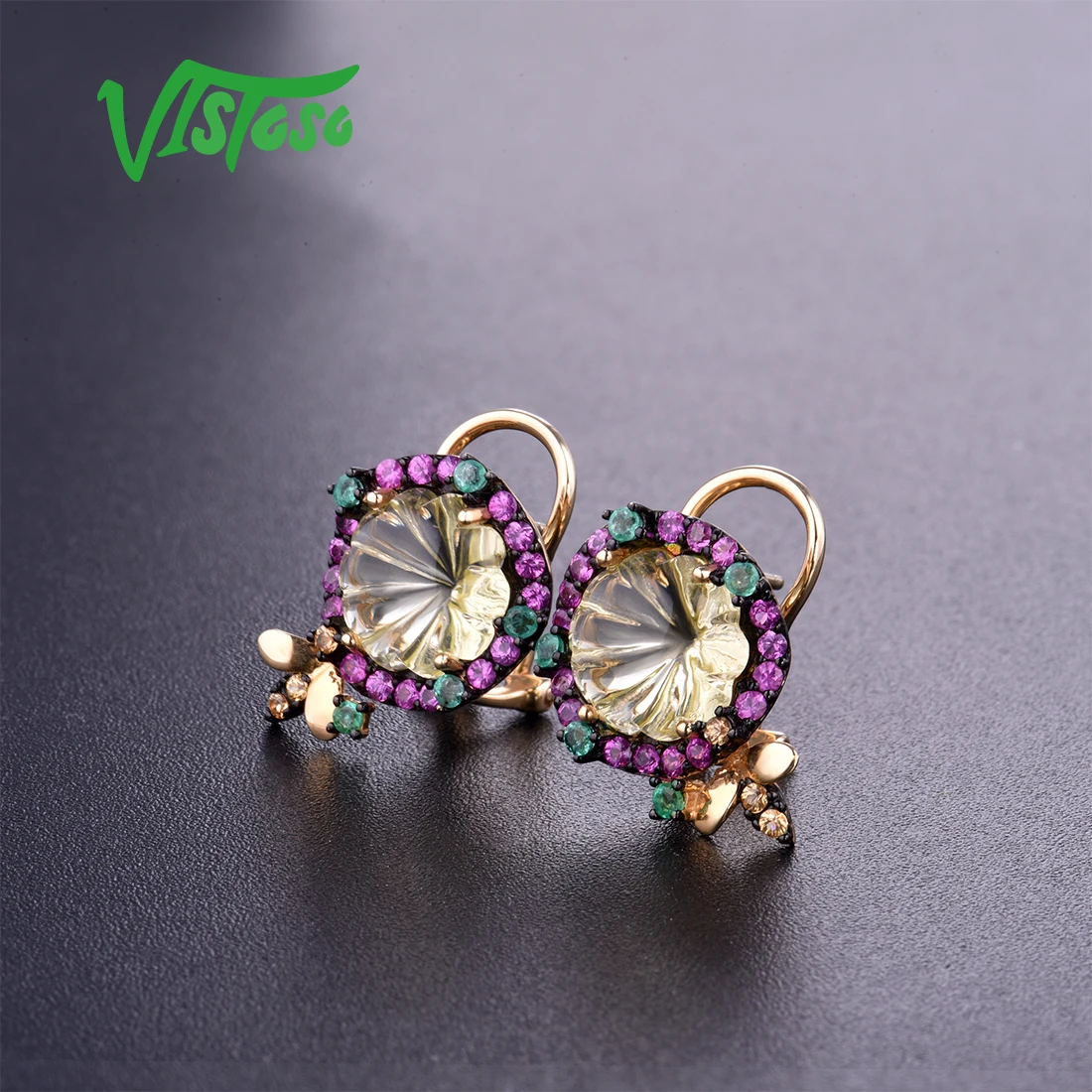 VISTOSO золотые серьги для женщин из натуральной 14K 585 желтого золота Элегантный розовый цветок прекрасная пчела Блестящий сапфир кварцевые ювелирные изделия