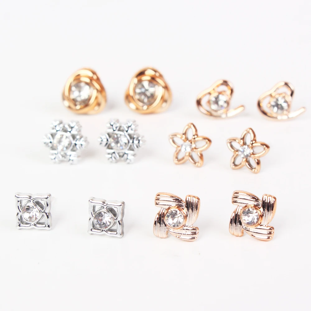 100pairs/set Acrylic Rhinestone Small Stud Earrings Set For Women Girls Gold Silver Color Geometric Flower Star Earring Jewelry | Украшения